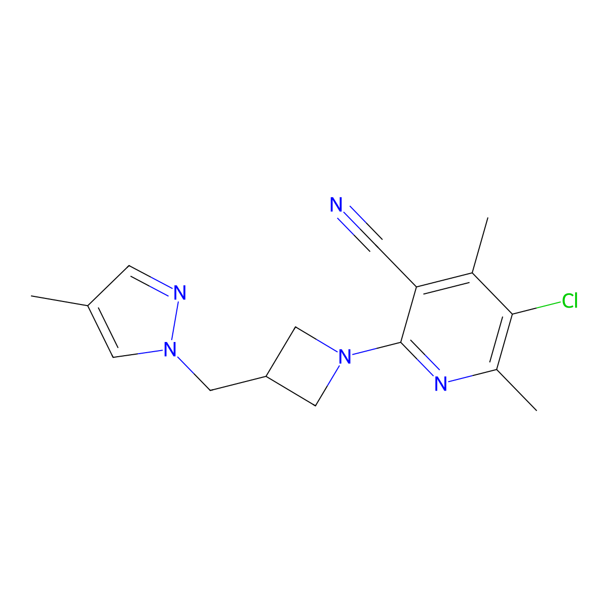 5-chloro-4,6-dimethyl-2-{3-[(4-methyl-1H-pyrazol-1-yl)methyl]azetidin-1-yl}pyridine-3-carbonitrile molecular structure, CAS 2549011-55-2