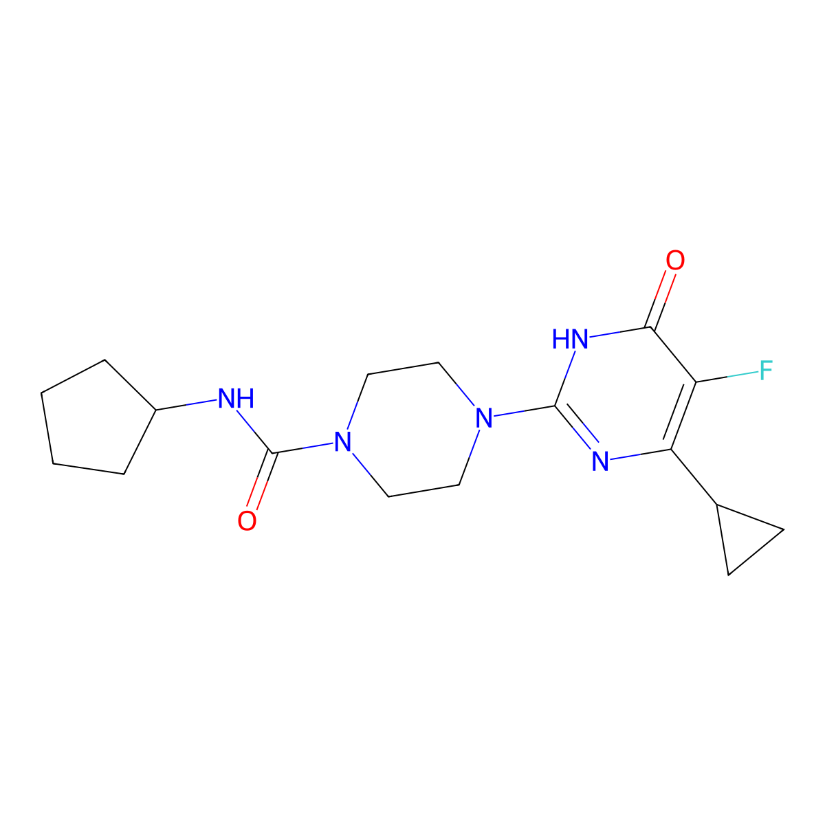 N-cyclopentyl-4-(4-cyclopropyl-5-fluoro-6-oxo-1,6-dihydropyrimidin-2-yl)piperazine-1-carboxamide molecular structure, CAS 2549011-57-4