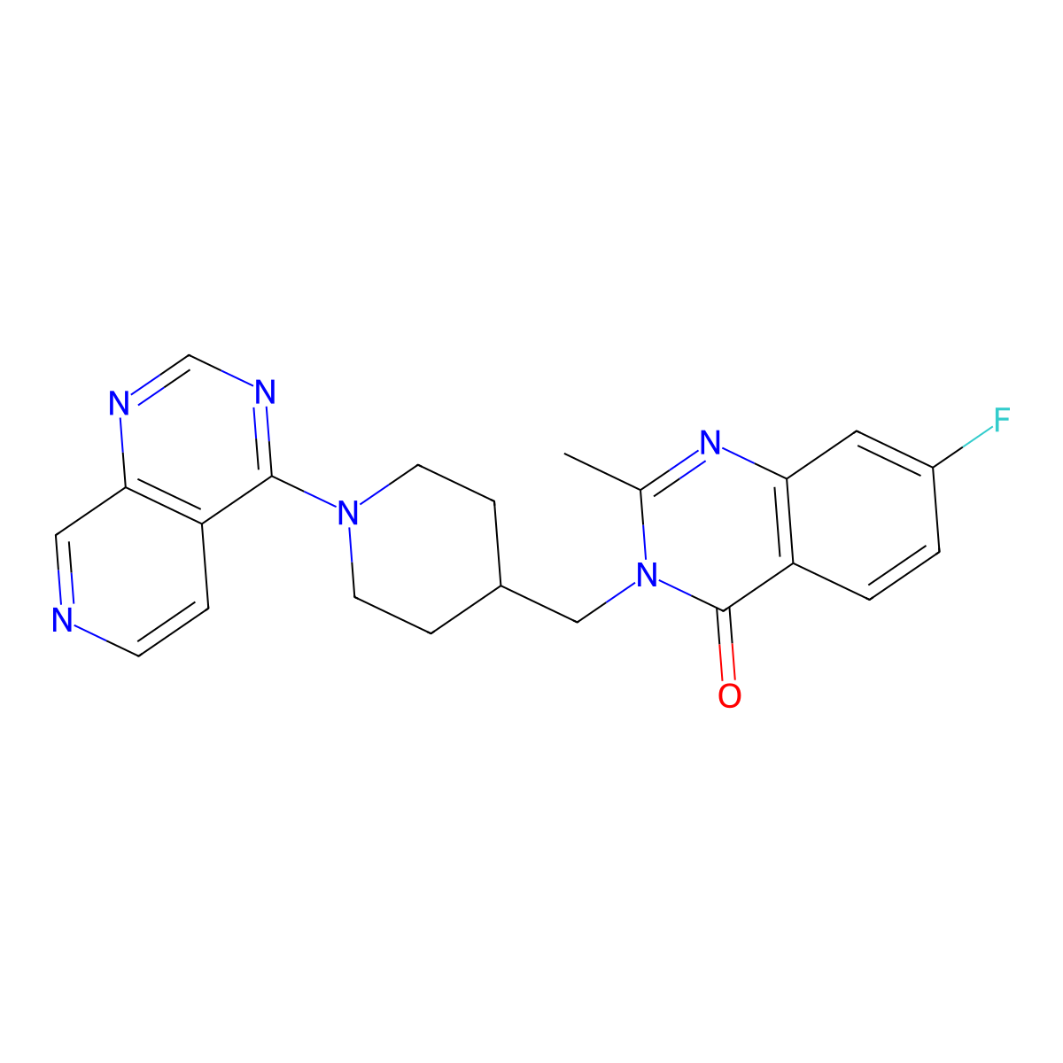 7-Fluoro-2-methyl-3-[(1-{pyrido[3,4-d]pyrimidin-4-yl}piperidin-4-yl)methyl]-3,4-dihydroquinazolin-4-one molecular structure, CAS 2549011-59-6