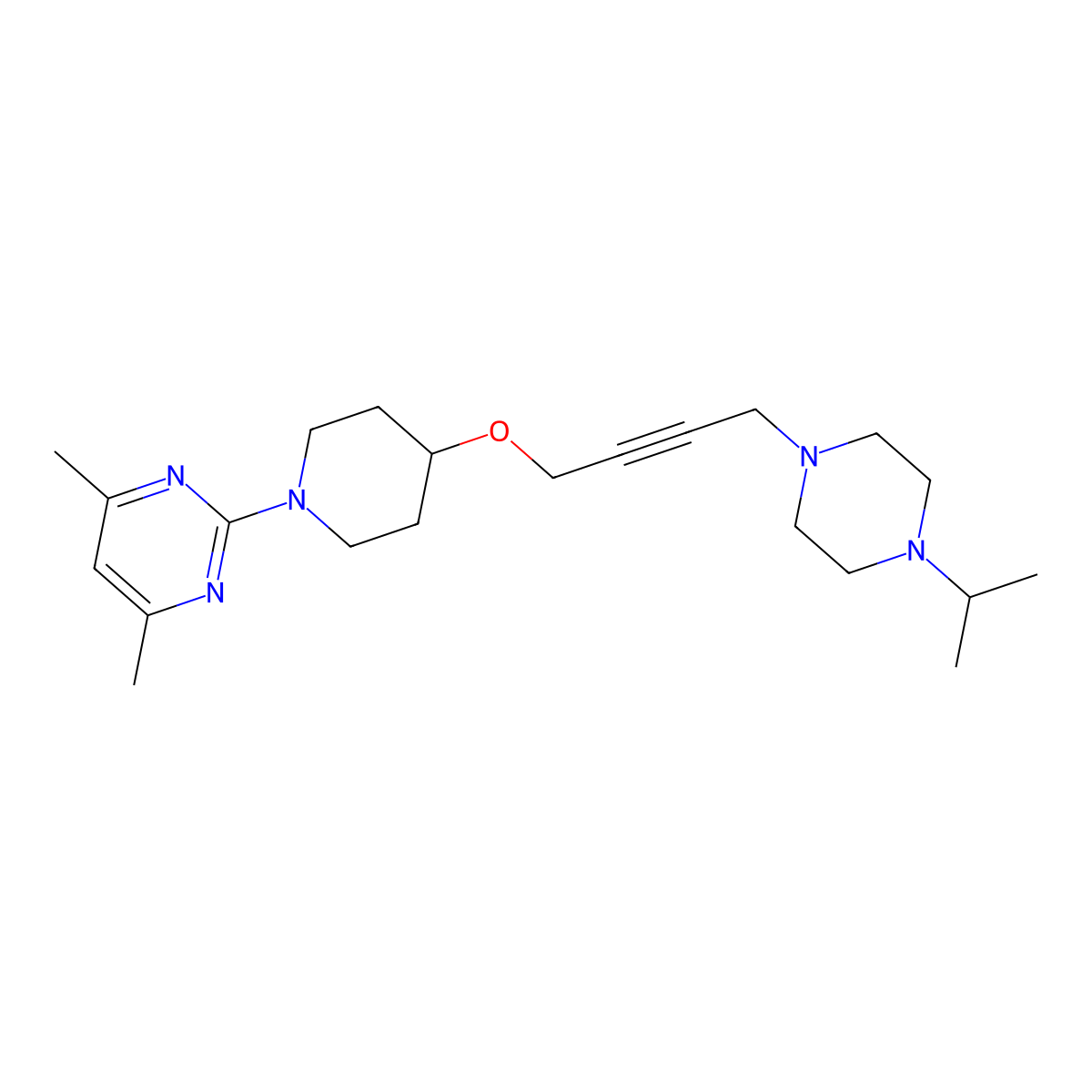 4,6-Dimethyl-2-[4-({4-[4-(propan-2-yl)piperazin-1-yl]but-2-yn-1-yl}oxy)piperidin-1-yl]pyrimidine molecular structure, CAS 2549011-68-7
