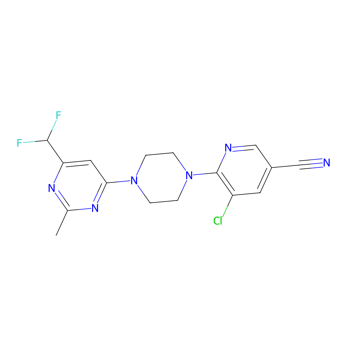 5-Chloro-6-{4-[6-(difluoromethyl)-2-methylpyrimidin-4-yl]piperazin-1-yl}pyridine-3-carbonitrile molecular structure, CAS 2549011-92-7