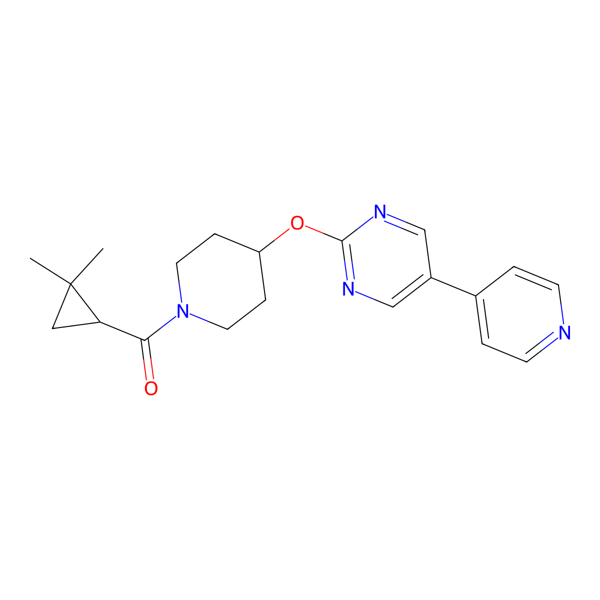 2-{[1-(2,2-Dimethylcyclopropanecarbonyl)piperidin-4-yl]oxy}-5-(pyridin-4-yl)pyrimidine molecular structure, CAS 2549012-01-1
