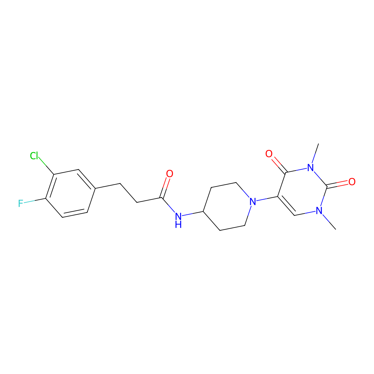 3-(3-chloro-4-fluorophenyl)-N-[1-(1,3-dimethyl-2,4-dioxo-1,2,3,4-tetrahydropyrimidin-5-yl)piperidin-4-yl]propanamide molecular structure, CAS 2549012-11-3