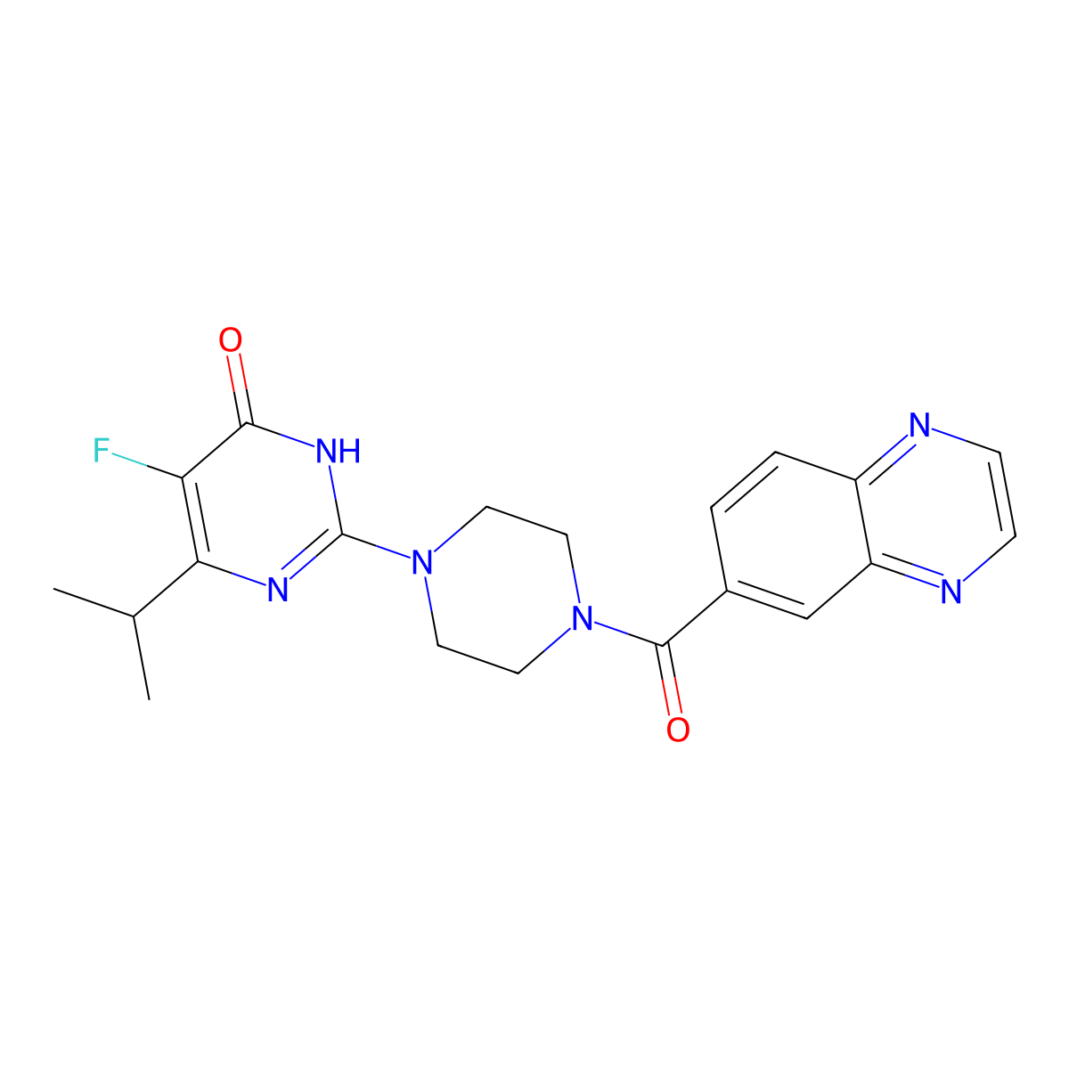 5-Fluoro-6-(propan-2-yl)-2-[4-(quinoxaline-6-carbonyl)piperazin-1-yl]-3,4-dihydropyrimidin-4-one molecular structure, CAS 2549012-23-7