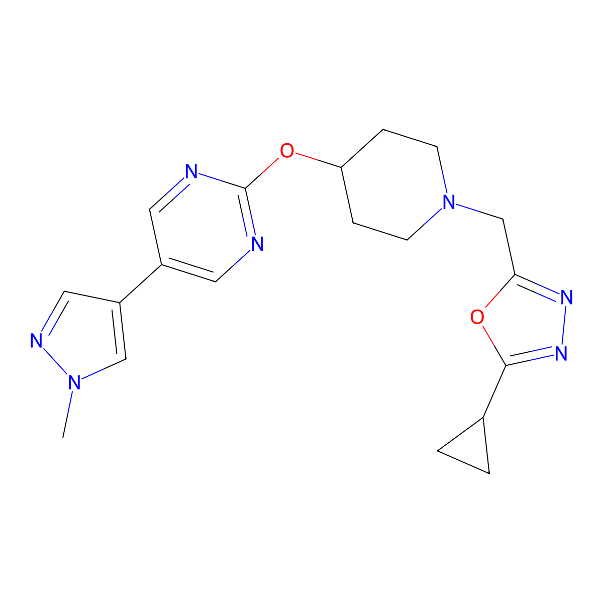 2-({1-[(5-cyclopropyl-1,3,4-oxadiazol-2-yl)methyl]piperidin-4-yl}oxy)-5-(1-methyl-1H-pyrazol-4-yl)pyrimidine molecular structure, CAS 2549012-29-3