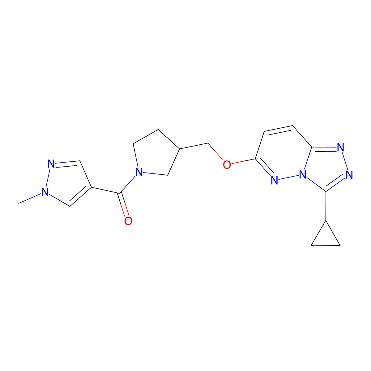 4-{3-[({3-cyclopropyl-[1,2,4]triazolo[4,3-b]pyridazin-6-yl}oxy)methyl]pyrrolidine-1-carbonyl}-1-methyl-1H-pyrazole molecular structure, CAS 2549012-30-6