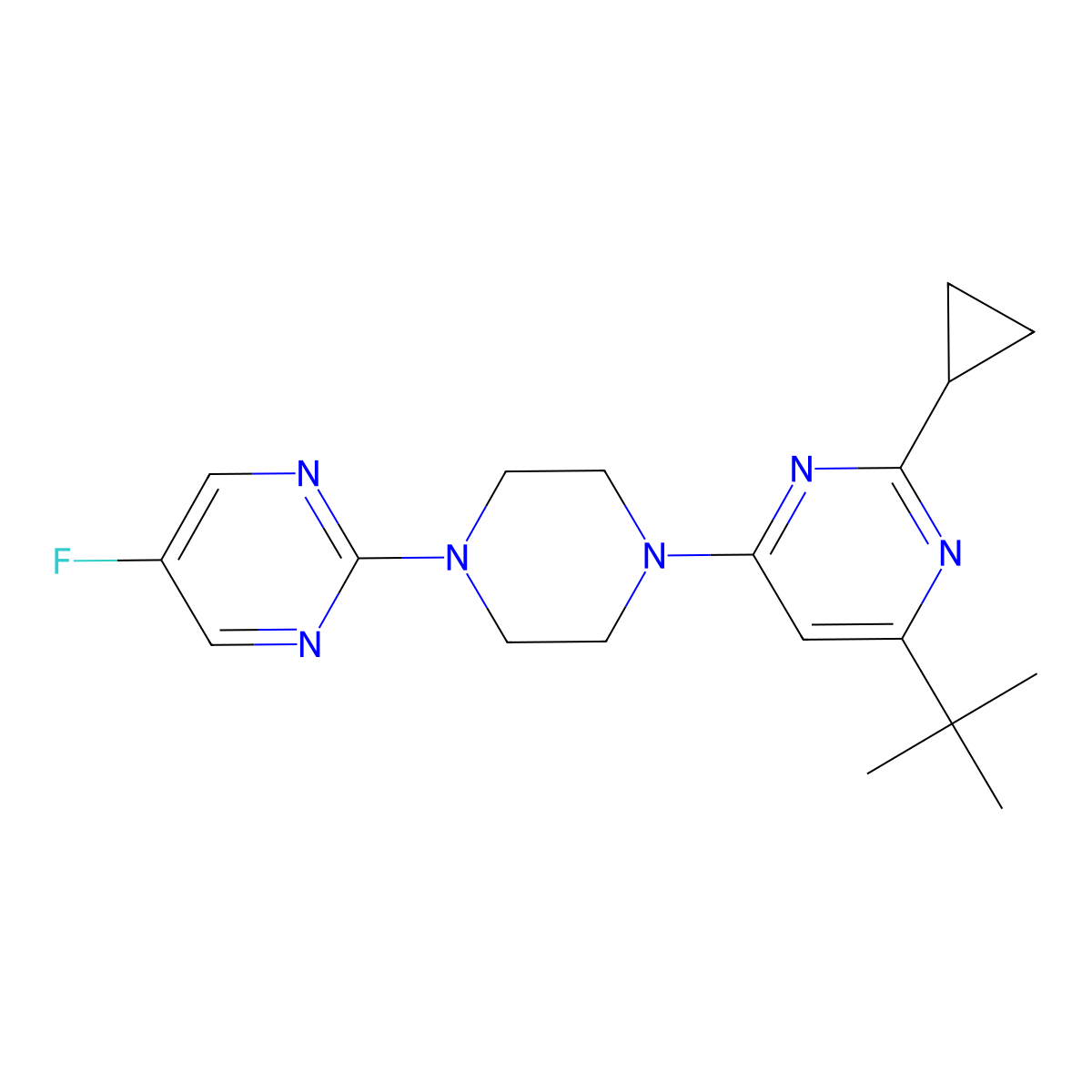 4-Tert-butyl-2-cyclopropyl-6-[4-(5-fluoropyrimidin-2-yl)piperazin-1-yl]pyrimidine molecular structure, CAS 2549012-32-8