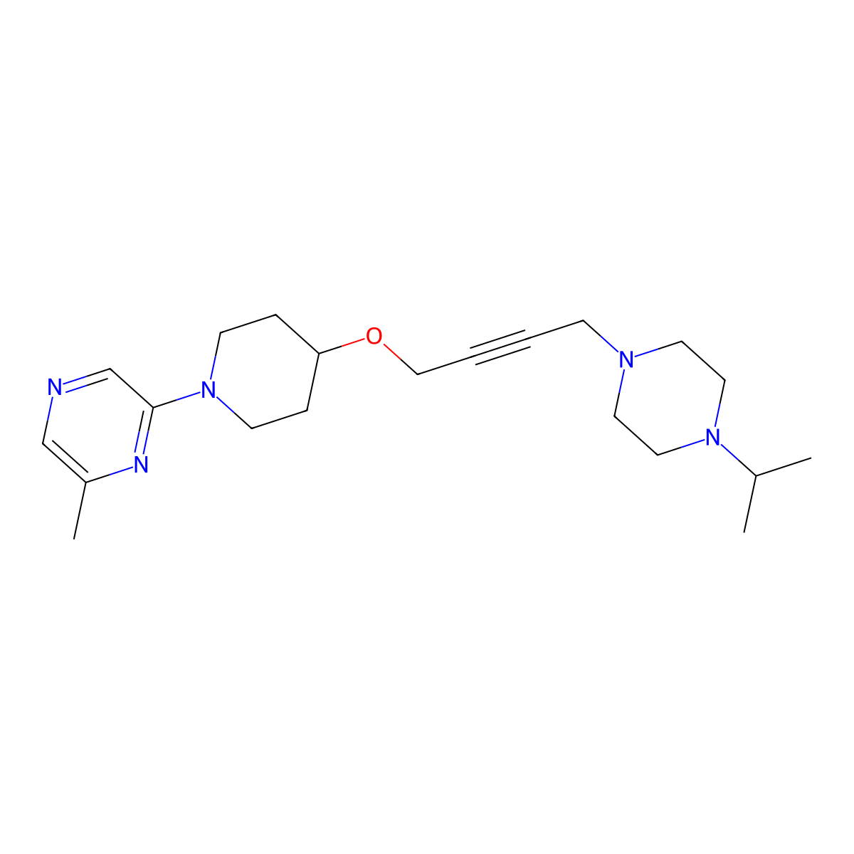 2-Methyl-6-[4-({4-[4-(propan-2-yl)piperazin-1-yl]but-2-yn-1-yl}oxy)piperidin-1-yl]pyrazine molecular structure, CAS 2549012-48-6