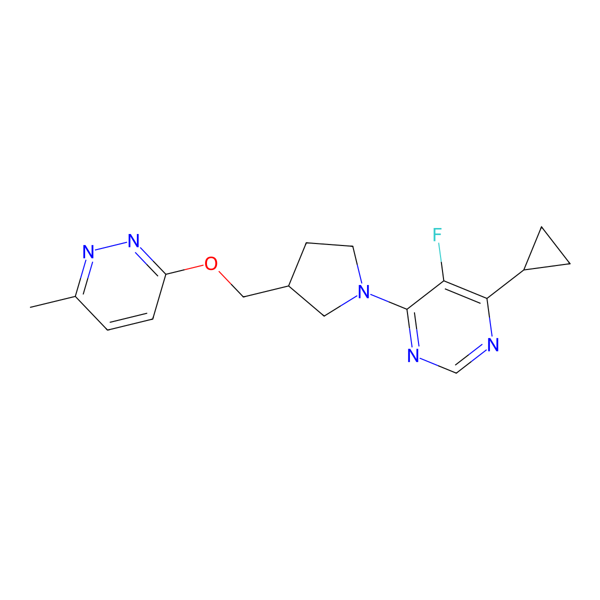 4-Cyclopropyl-5-fluoro-6-(3-{[(6-methylpyridazin-3-yl)oxy]methyl}pyrrolidin-1-yl)pyrimidine molecular structure, CAS 2549012-60-2
