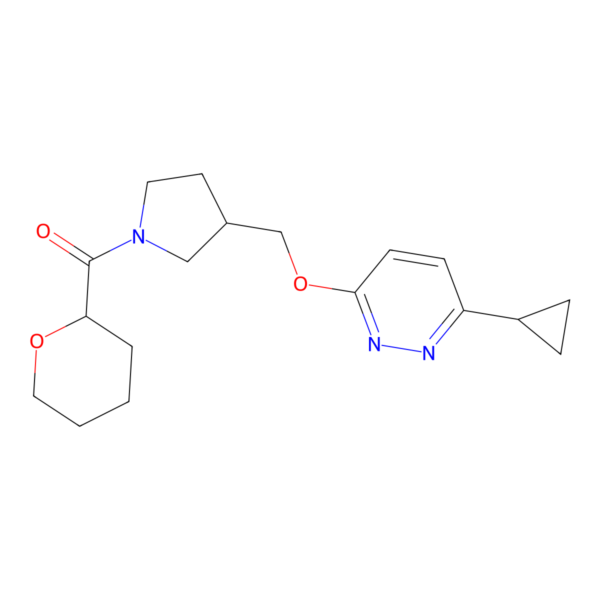 3-Cyclopropyl-6-{[1-(oxane-2-carbonyl)pyrrolidin-3-yl]methoxy}pyridazine molecular structure, CAS 2549012-61-3