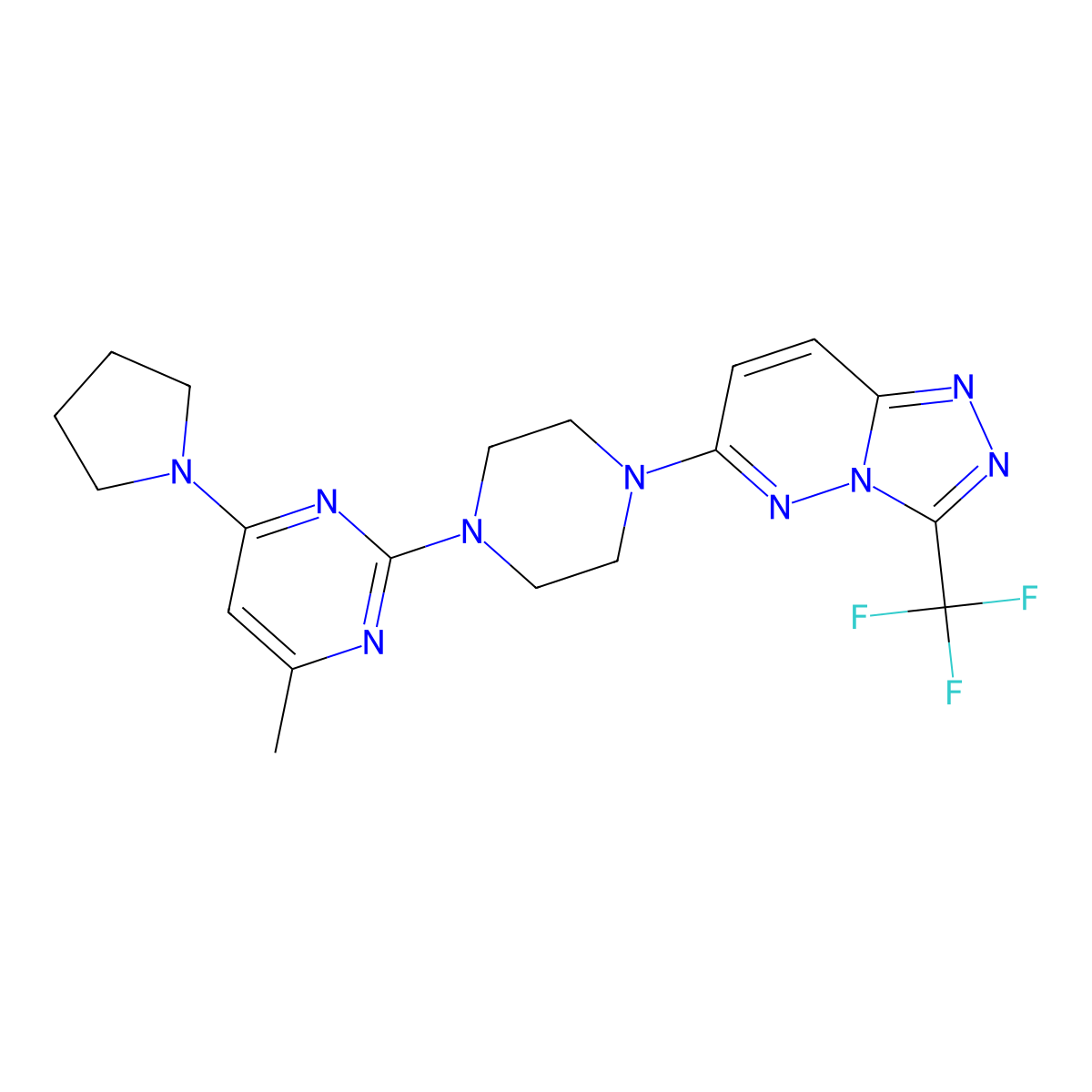 4-Methyl-6-(pyrrolidin-1-yl)-2-{4-[3-(trifluoromethyl)-[1,2,4]triazolo[4,3-b]pyridazin-6-yl]piperazin-1-yl}pyrimidine molecular structure, CAS 2549012-67-9