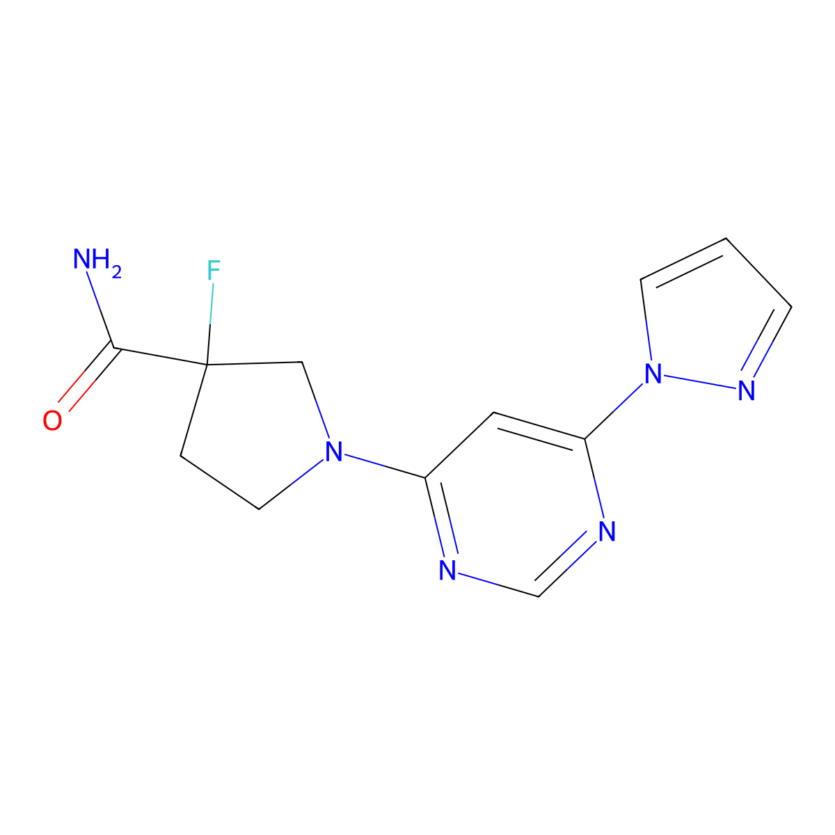 3-fluoro-1-[6-(1H-pyrazol-1-yl)pyrimidin-4-yl]pyrrolidine-3-carboxamide molecular structure, CAS 2549012-75-9