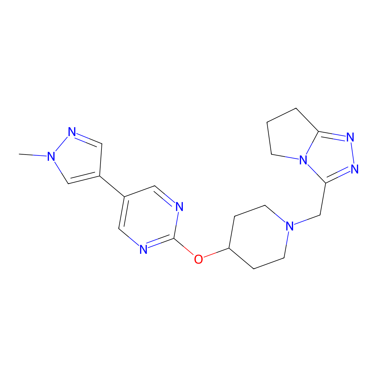 5-(1-methyl-1H-pyrazol-4-yl)-2-{[1-({5H,6H,7H-pyrrolo[2,1-c][1,2,4]triazol-3-yl}methyl)piperidin-4-yl]oxy}pyrimidine molecular structure, CAS 2549012-82-8