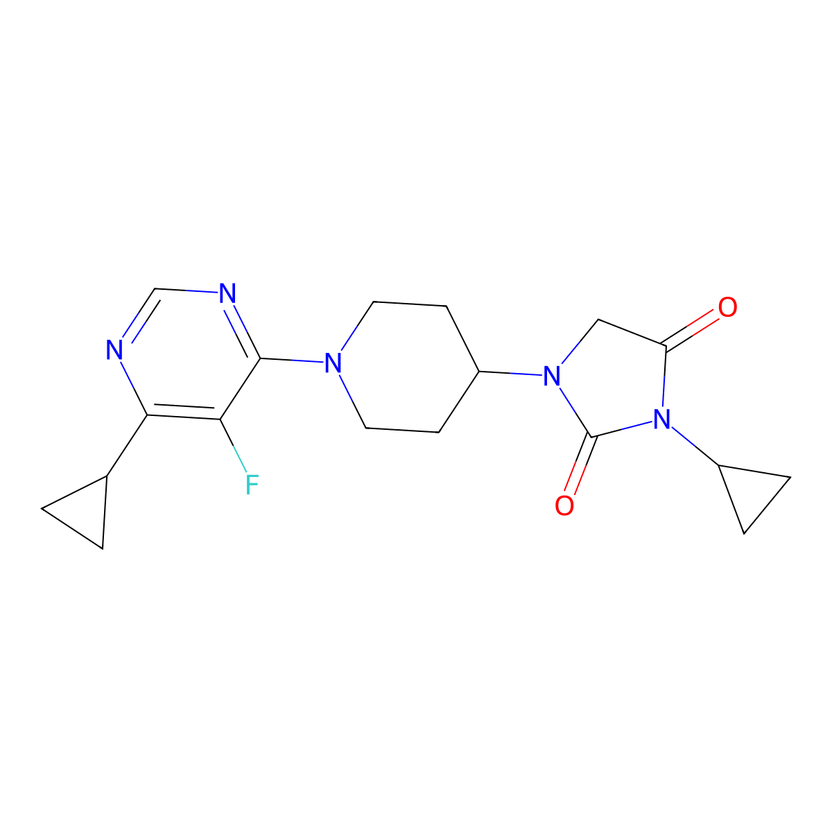 3-Cyclopropyl-1-[1-(6-cyclopropyl-5-fluoropyrimidin-4-yl)piperidin-4-yl]imidazolidine-2,4-dione molecular structure, CAS 2549012-83-9