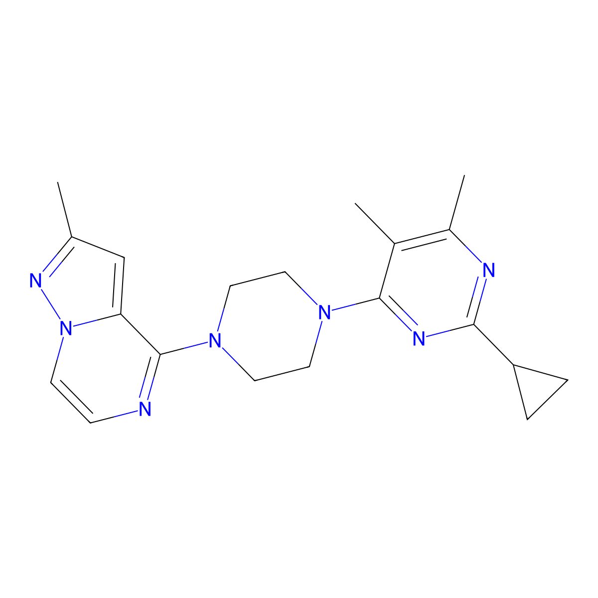 2-Cyclopropyl-4,5-dimethyl-6-(4-{2-methylpyrazolo[1,5-a]pyrazin-4-yl}piperazin-1-yl)pyrimidine molecular structure, CAS 2549012-87-3
