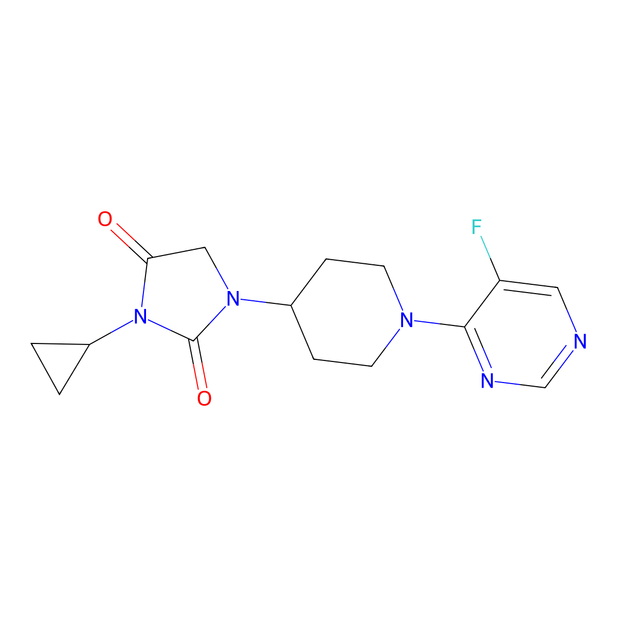 3-Cyclopropyl-1-[1-(5-fluoropyrimidin-4-yl)piperidin-4-yl]imidazolidine-2,4-dione molecular structure, CAS 2549012-89-5