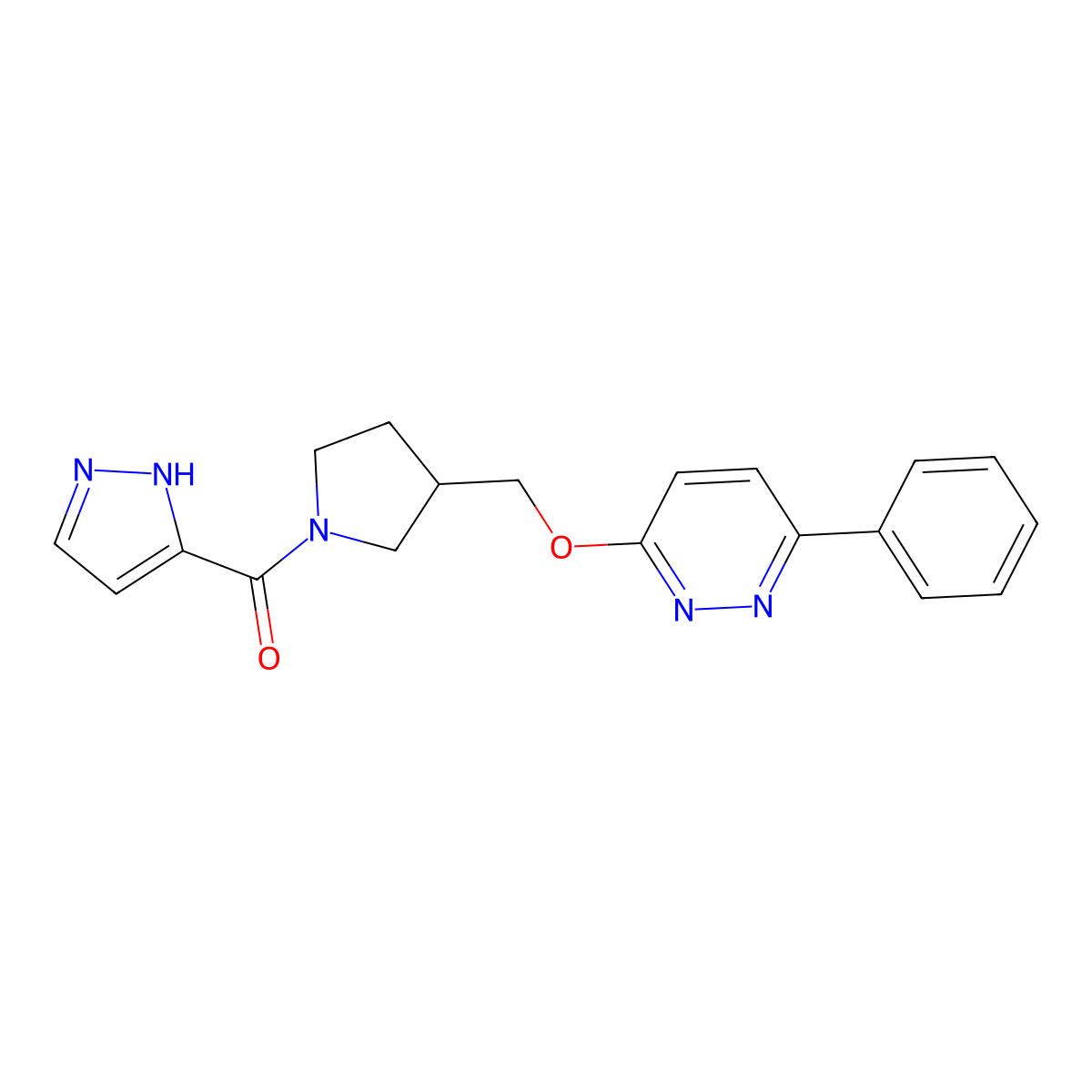 3-phenyl-6-{[1-(1H-pyrazole-3-carbonyl)pyrrolidin-3-yl]methoxy}pyridazine molecular structure, CAS 2549012-90-8
