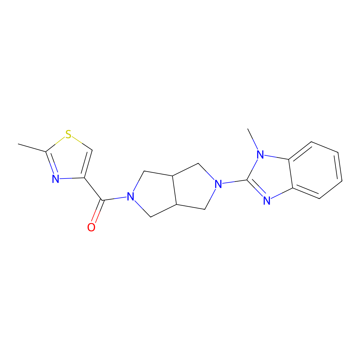 1-methyl-2-[5-(2-methyl-1,3-thiazole-4-carbonyl)-octahydropyrrolo[3,4-c]pyrrol-2-yl]-1H-1,3-benzodiazole molecular structure, CAS 2549013-09-2