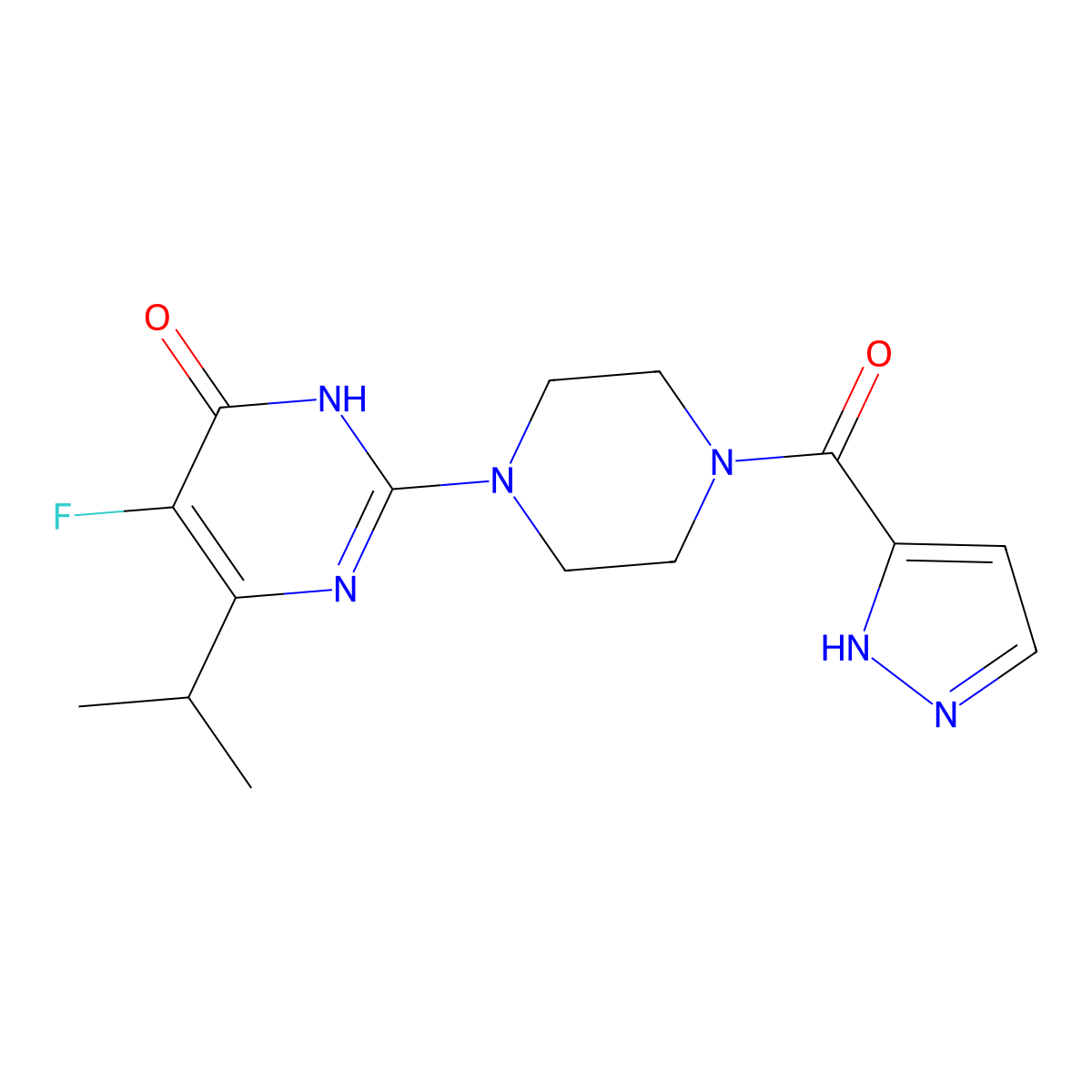 5-fluoro-6-(propan-2-yl)-2-[4-(1H-pyrazole-3-carbonyl)piperazin-1-yl]-3,4-dihydropyrimidin-4-one molecular structure, CAS 2549013-10-5