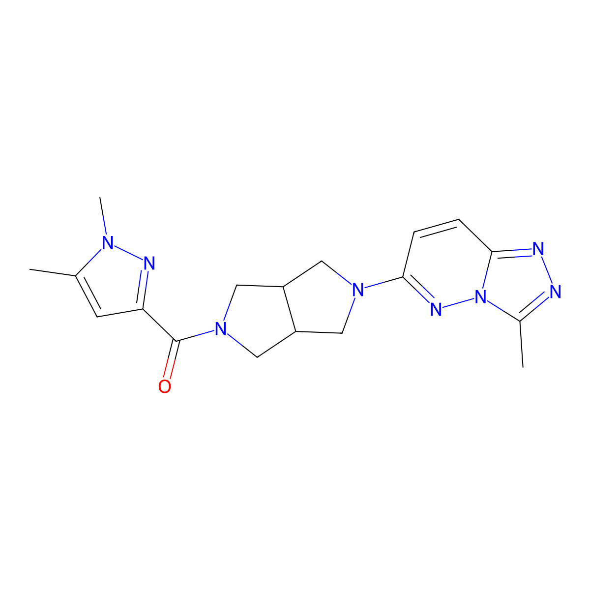 1,5-dimethyl-3-(5-{3-methyl-[1,2,4]triazolo[4,3-b]pyridazin-6-yl}-octahydropyrrolo[3,4-c]pyrrole-2-carbonyl)-1H-pyrazole molecular structure, CAS 2549013-17-2