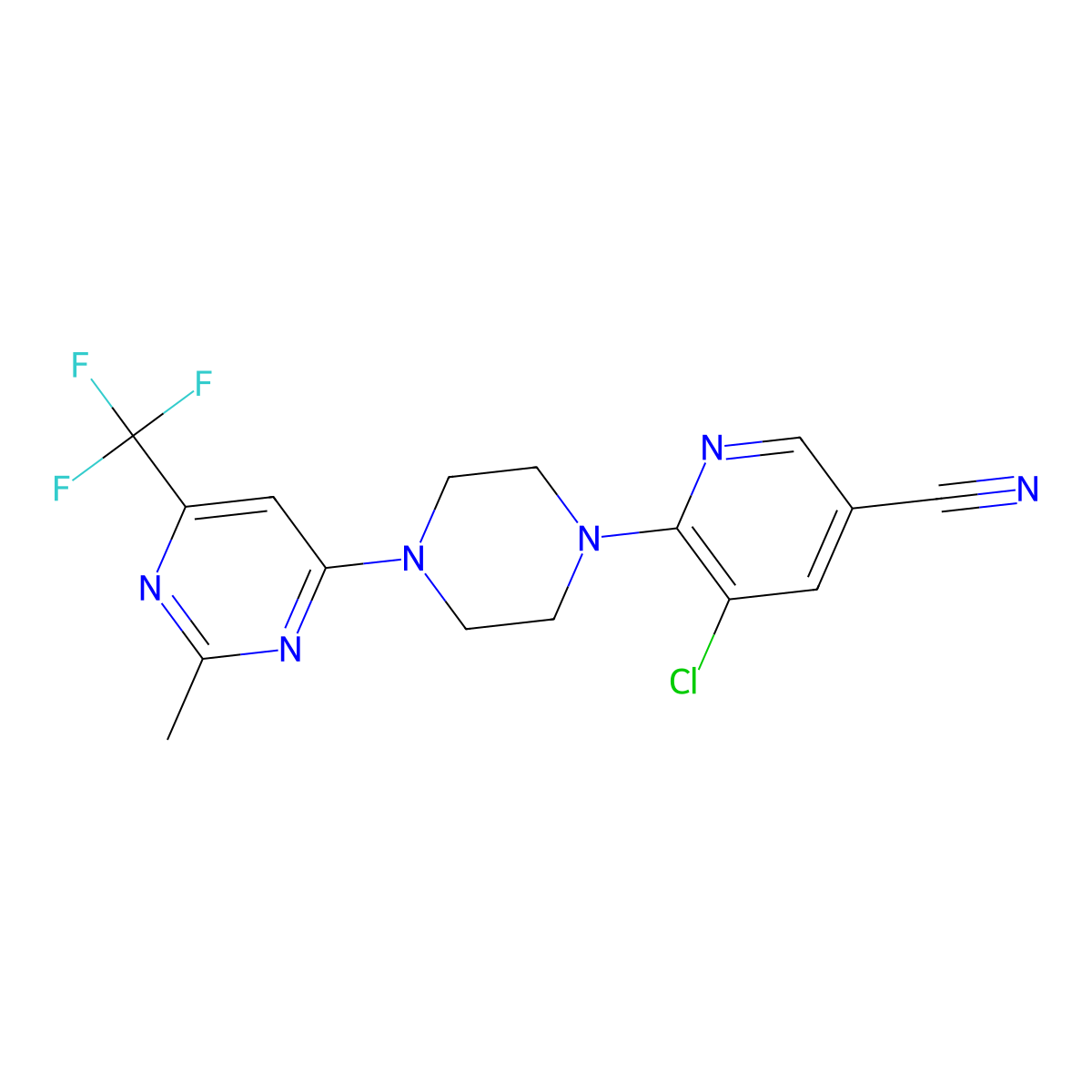 5-Chloro-6-{4-[2-methyl-6-(trifluoromethyl)pyrimidin-4-yl]piperazin-1-yl}pyridine-3-carbonitrile molecular structure, CAS 2549013-21-8