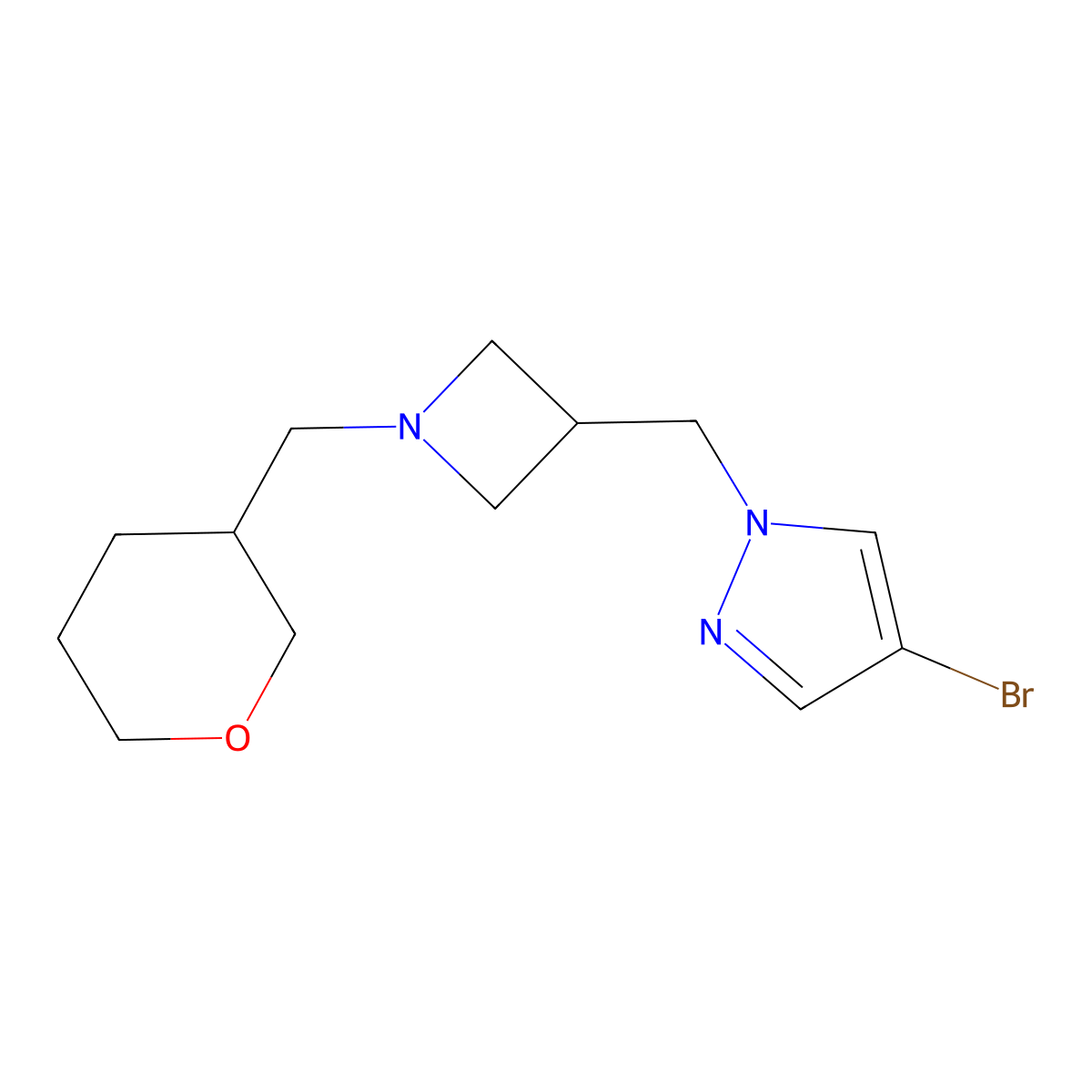 4-bromo-1-({1-[(oxan-3-yl)methyl]azetidin-3-yl}methyl)-1H-pyrazole molecular structure, CAS 2549013-22-9