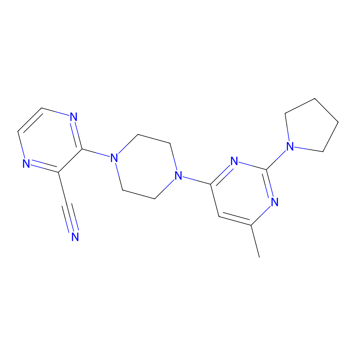 3-{4-[6-Methyl-2-(pyrrolidin-1-yl)pyrimidin-4-yl]piperazin-1-yl}pyrazine-2-carbonitrile molecular structure, CAS 2549013-23-0