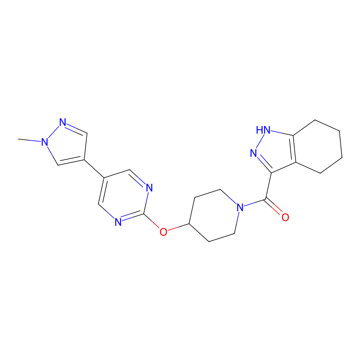 3-(4-{[5-(1-methyl-1H-pyrazol-4-yl)pyrimidin-2-yl]oxy}piperidine-1-carbonyl)-4,5,6,7-tetrahydro-1H-indazole molecular structure, CAS 2549013-26-3