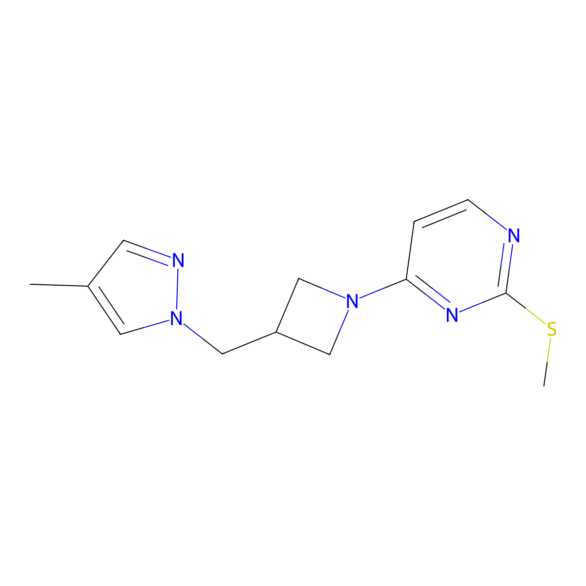 4-{3-[(4-methyl-1H-pyrazol-1-yl)methyl]azetidin-1-yl}-2-(methylsulfanyl)pyrimidine molecular structure, CAS 2549013-28-5
