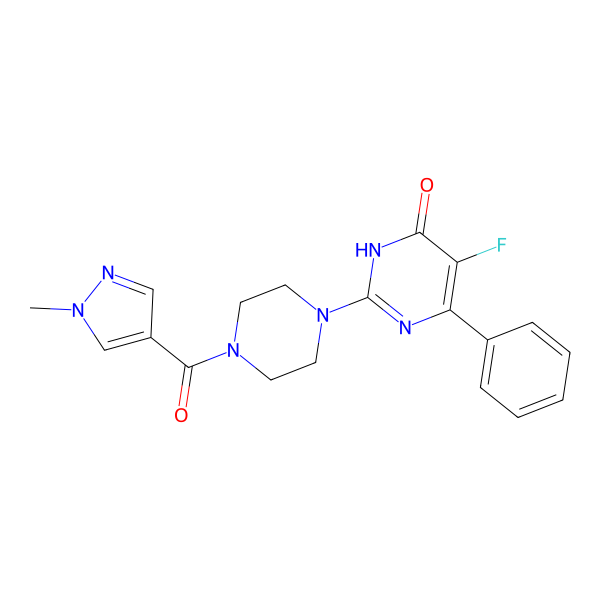 5-fluoro-2-[4-(1-methyl-1H-pyrazole-4-carbonyl)piperazin-1-yl]-6-phenyl-3,4-dihydropyrimidin-4-one molecular structure, CAS 2549013-30-9