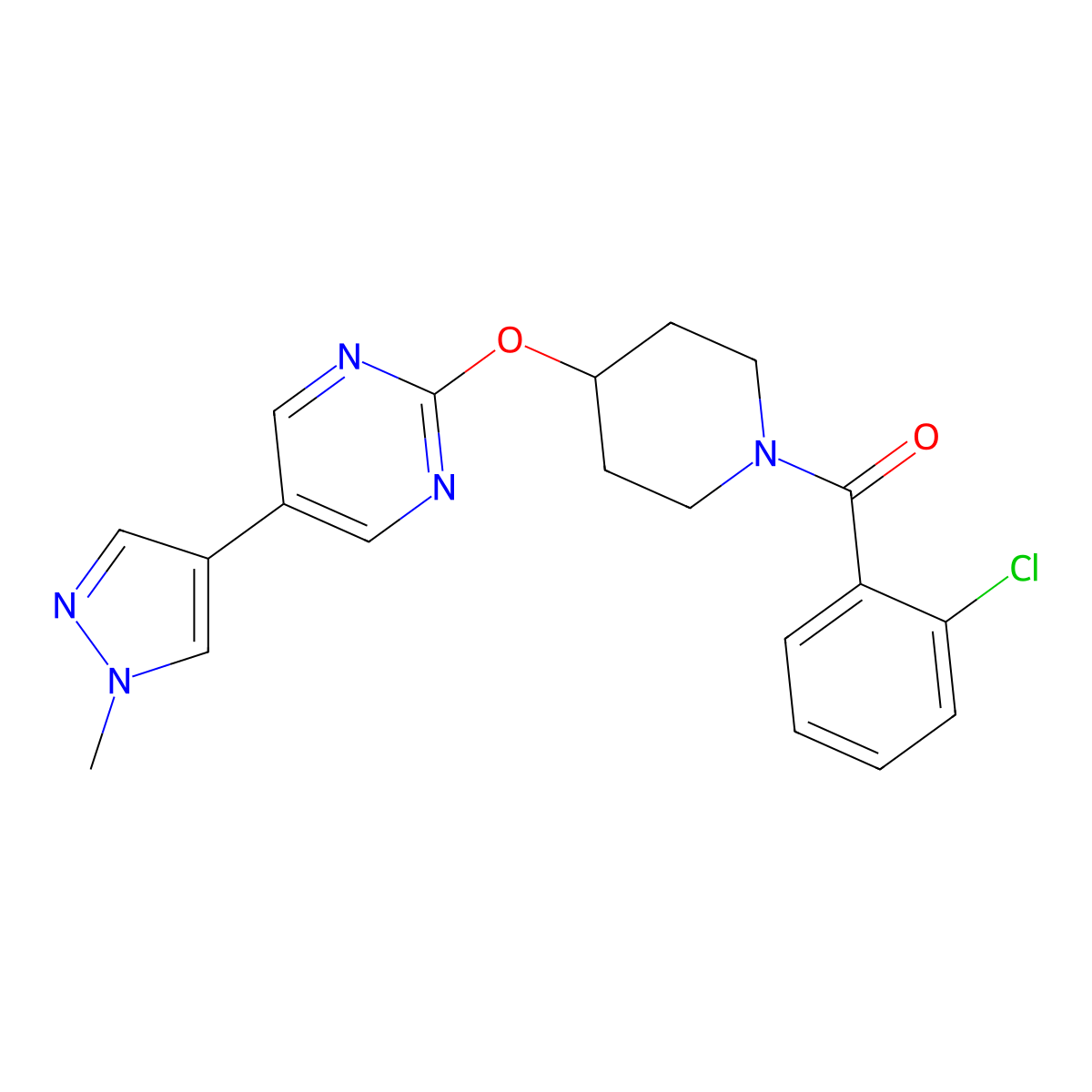 2-{[1-(2-chlorobenzoyl)piperidin-4-yl]oxy}-5-(1-methyl-1H-pyrazol-4-yl)pyrimidine molecular structure, CAS 2549013-38-7