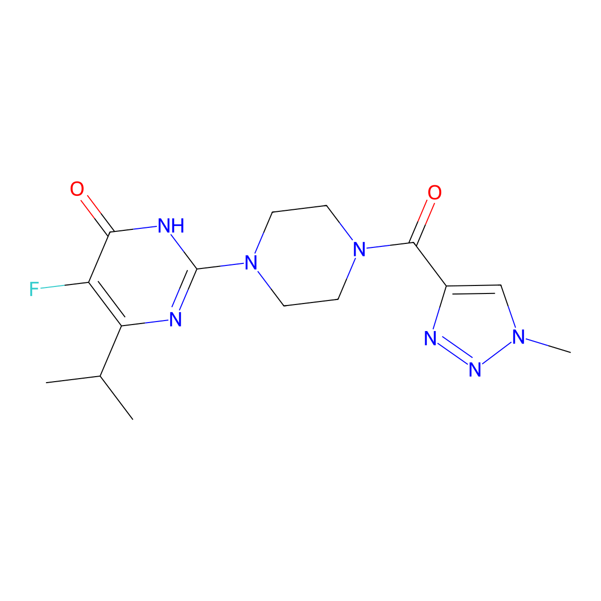 5-fluoro-2-[4-(1-methyl-1H-1,2,3-triazole-4-carbonyl)piperazin-1-yl]-6-(propan-2-yl)-3,4-dihydropyrimidin-4-one molecular structure, CAS 2549013-41-2