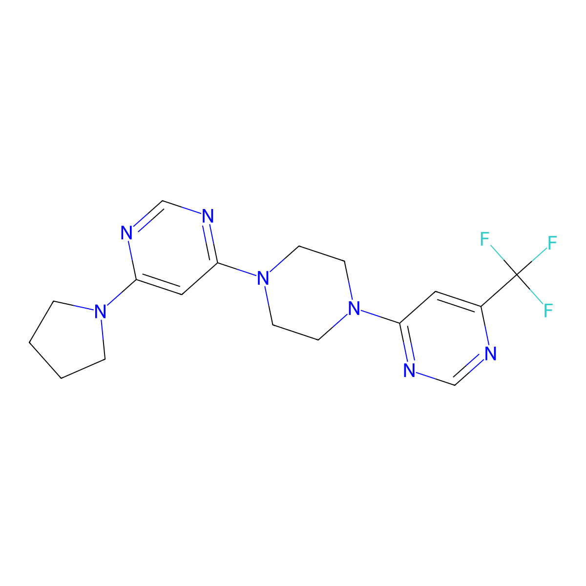 4-(Pyrrolidin-1-yl)-6-{4-[6-(trifluoromethyl)pyrimidin-4-yl]piperazin-1-yl}pyrimidine molecular structure, CAS 2549013-44-5