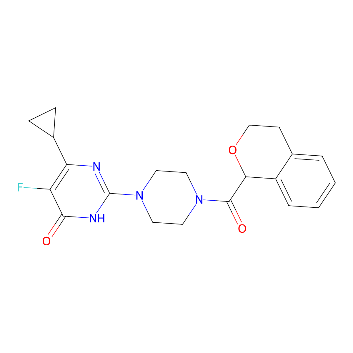 6-cyclopropyl-2-[4-(3,4-dihydro-1H-2-benzopyran-1-carbonyl)piperazin-1-yl]-5-fluoro-3,4-dihydropyrimidin-4-one molecular structure, CAS 2549013-45-6
