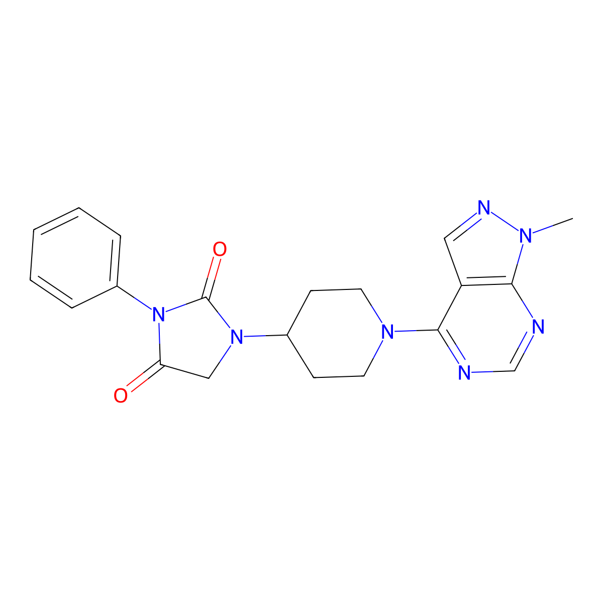 1-(1-{1-methyl-1H-pyrazolo[3,4-d]pyrimidin-4-yl}piperidin-4-yl)-3-phenylimidazolidine-2,4-dione molecular structure, CAS 2549013-46-7