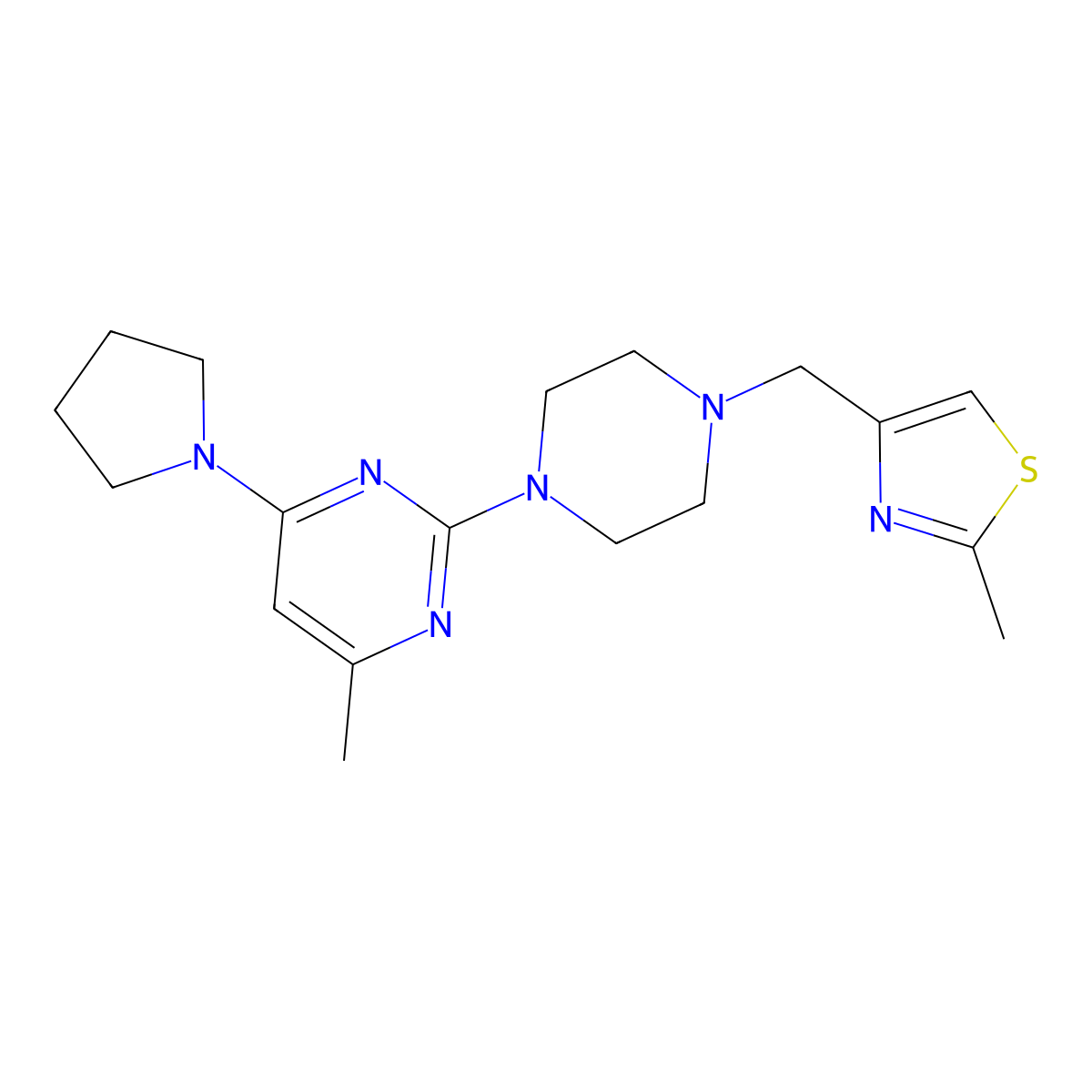 4-Methyl-2-{4-[(2-methyl-1,3-thiazol-4-yl)methyl]piperazin-1-yl}-6-(pyrrolidin-1-yl)pyrimidine molecular structure, CAS 2549013-56-9