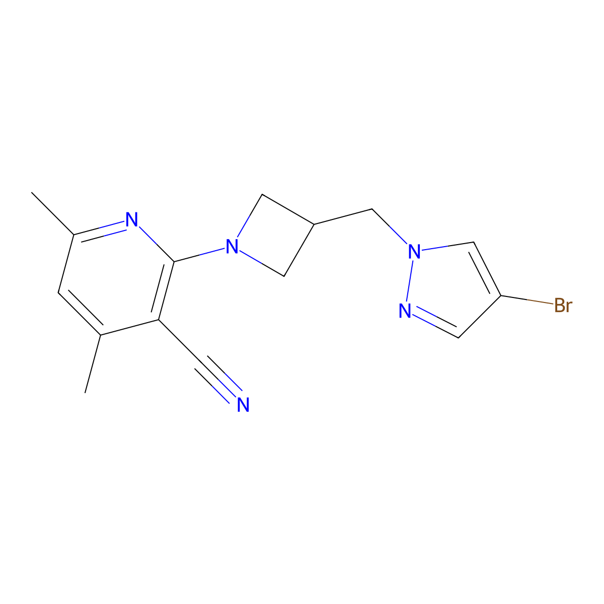 2-{3-[(4-bromo-1H-pyrazol-1-yl)methyl]azetidin-1-yl}-4,6-dimethylpyridine-3-carbonitrile molecular structure, CAS 2549013-90-1