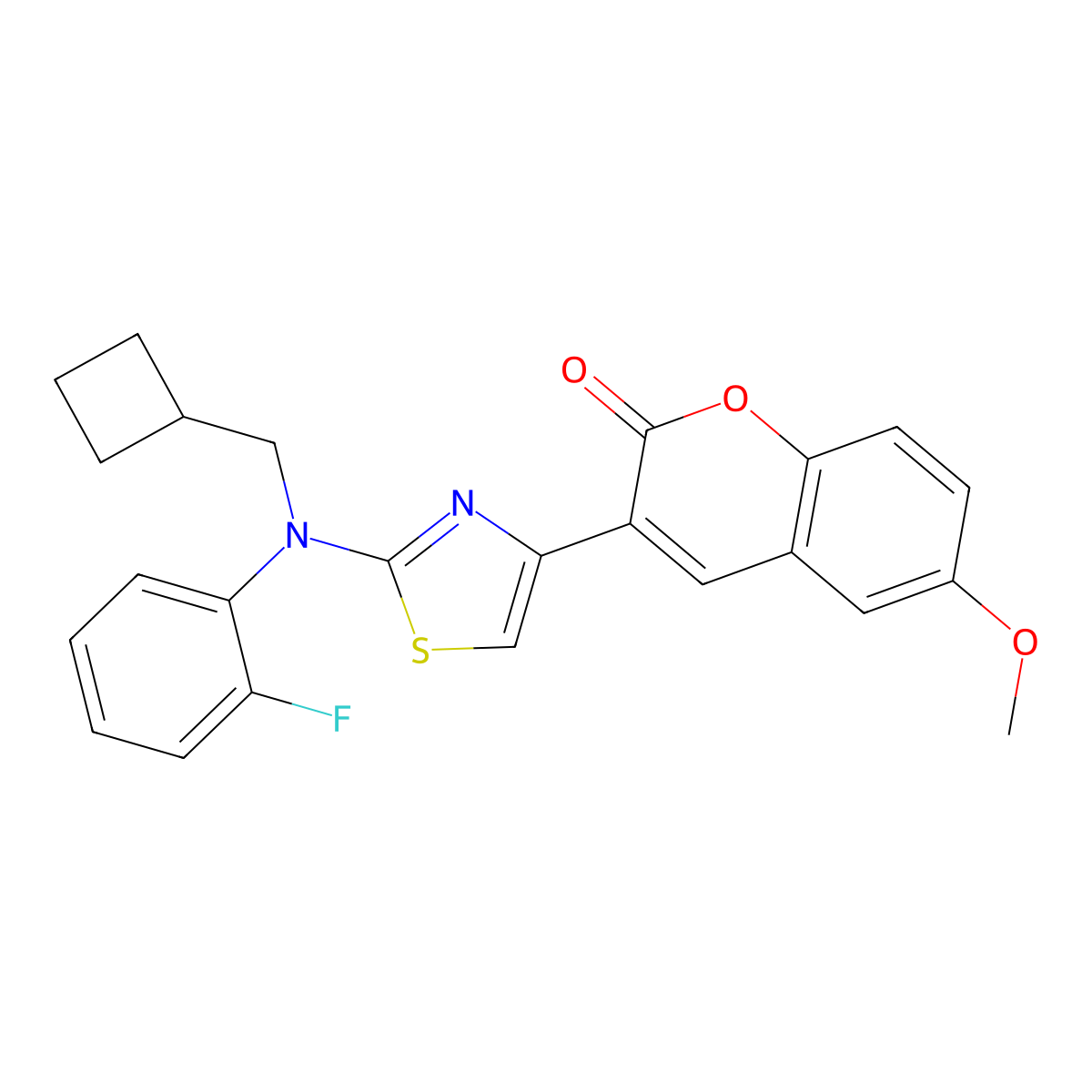 3-{2-[(cyclobutylmethyl)(2-fluorophenyl)amino]-1,3-thiazol-4-yl}-6-methoxy-2H-chromen-2-one molecular structure, CAS 2549014-03-9