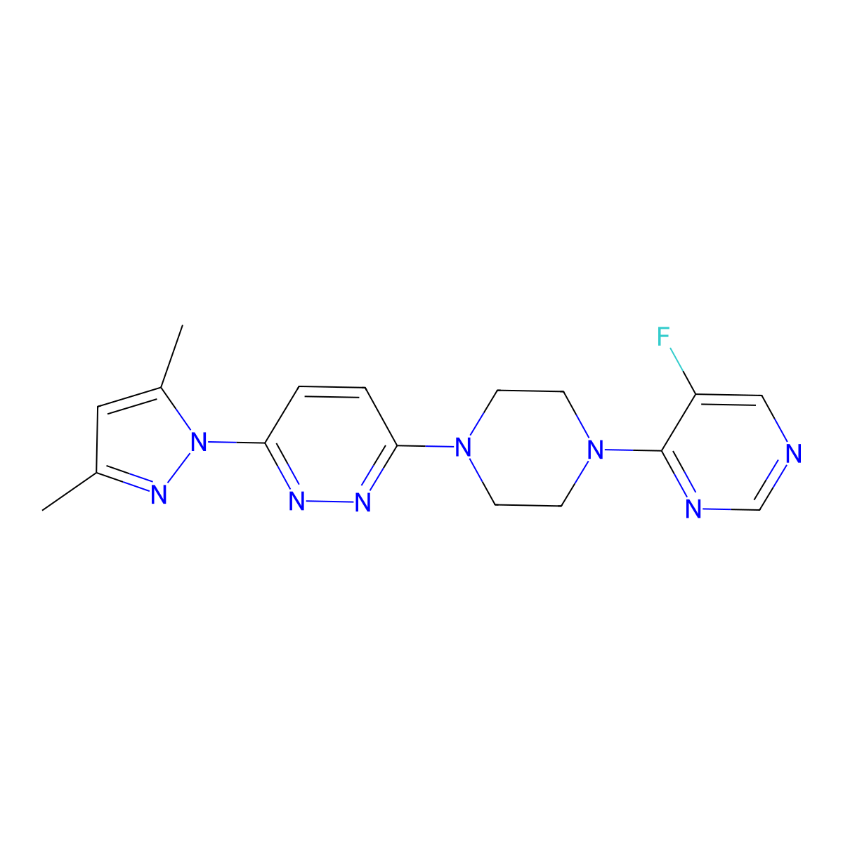 3-(3,5-dimethyl-1H-pyrazol-1-yl)-6-[4-(5-fluoropyrimidin-4-yl)piperazin-1-yl]pyridazine molecular structure, CAS 2549014-05-1
