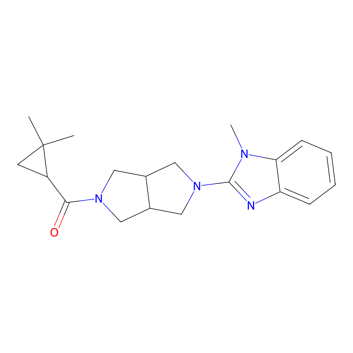 2-[5-(2,2-dimethylcyclopropanecarbonyl)-octahydropyrrolo[3,4-c]pyrrol-2-yl]-1-methyl-1H-1,3-benzodiazole molecular structure, CAS 2549014-07-3