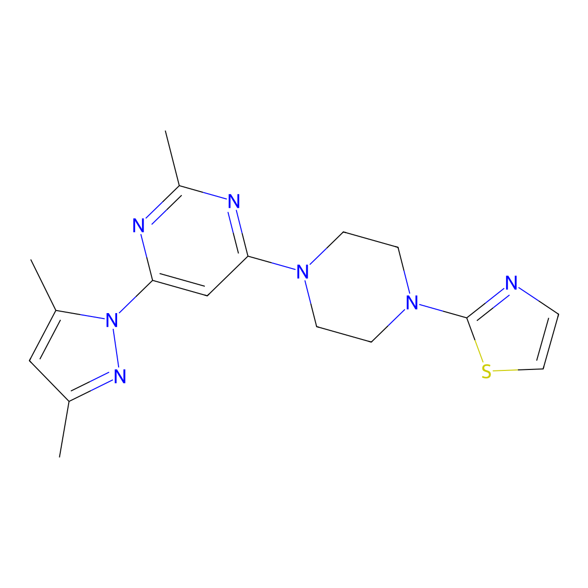 4-(3,5-dimethyl-1H-pyrazol-1-yl)-2-methyl-6-[4-(1,3-thiazol-2-yl)piperazin-1-yl]pyrimidine molecular structure, CAS 2549014-10-8