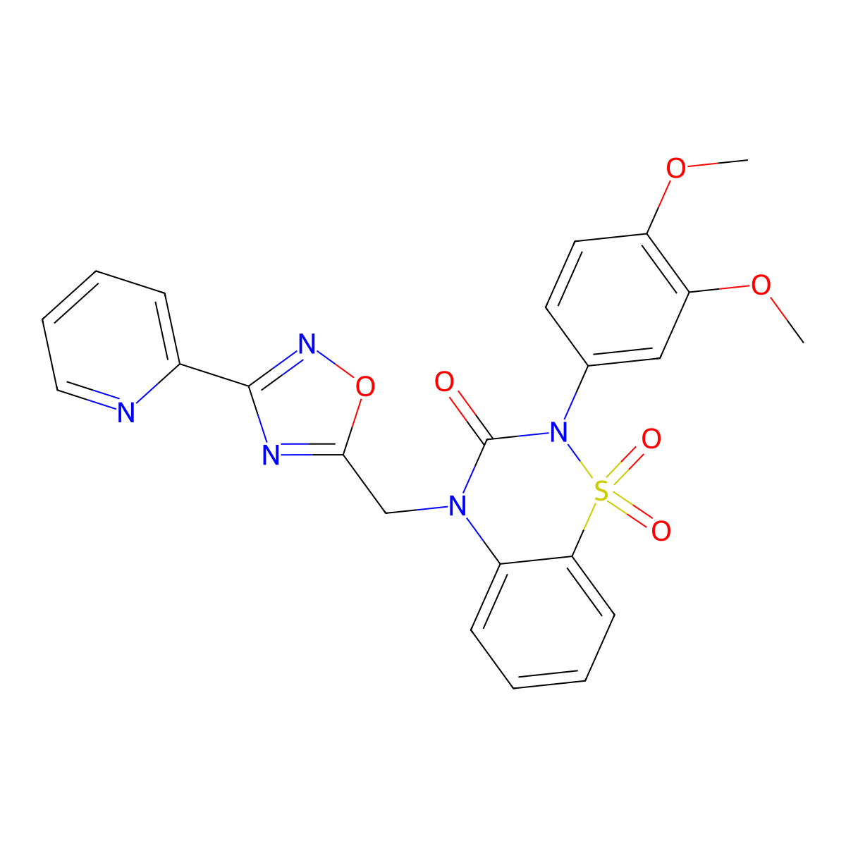 2-(3,4-dimethoxyphenyl)-4-{[3-(pyridin-2-yl)-1,2,4-oxadiazol-5-yl]methyl}-3,4-dihydro-2H-1lambda6,2,4-benzothiadiazine-1,1,3-trione molecular structure, CAS 2549014-19-7