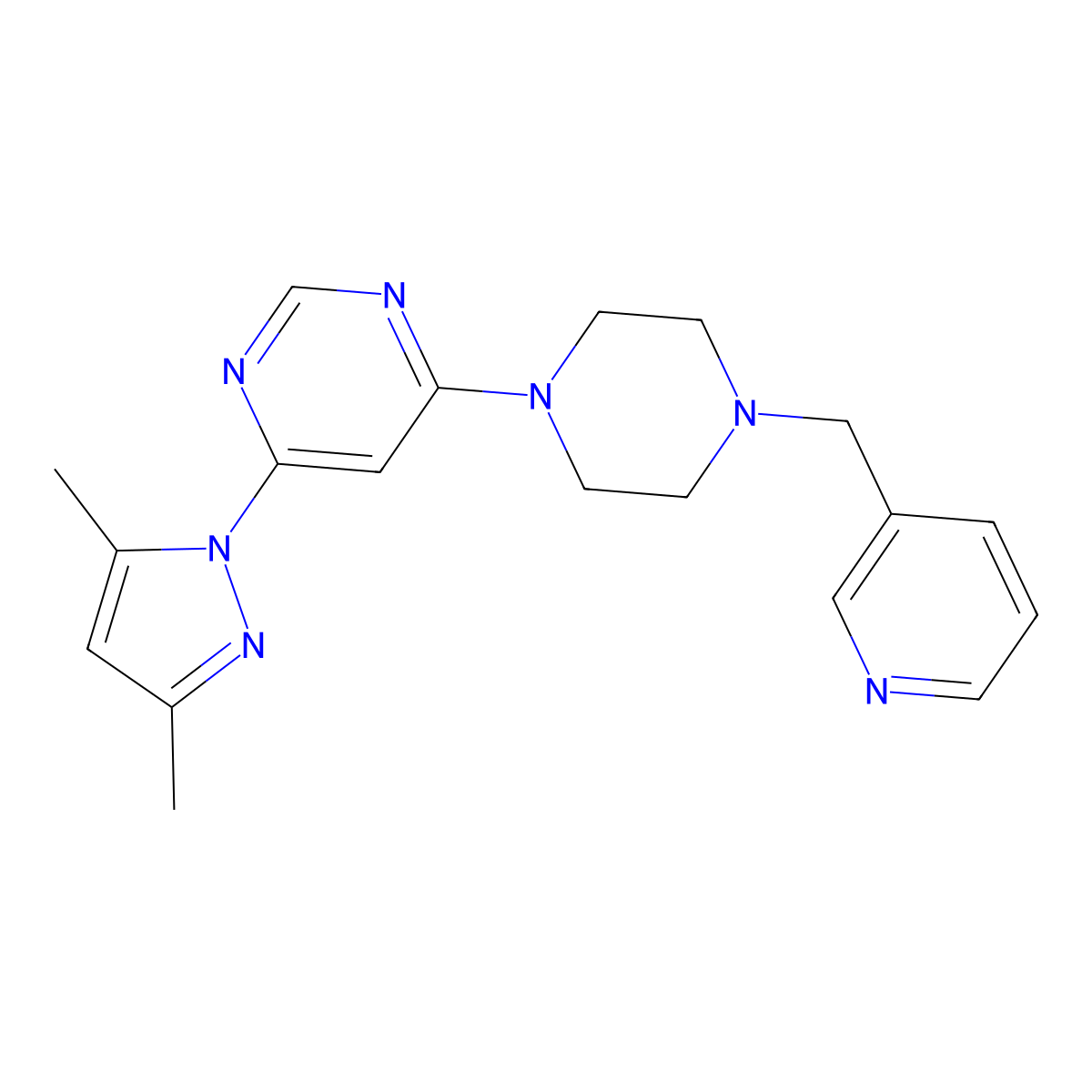 4-(3,5-dimethyl-1H-pyrazol-1-yl)-6-{4-[(pyridin-3-yl)methyl]piperazin-1-yl}pyrimidine molecular structure, CAS 2549014-24-4