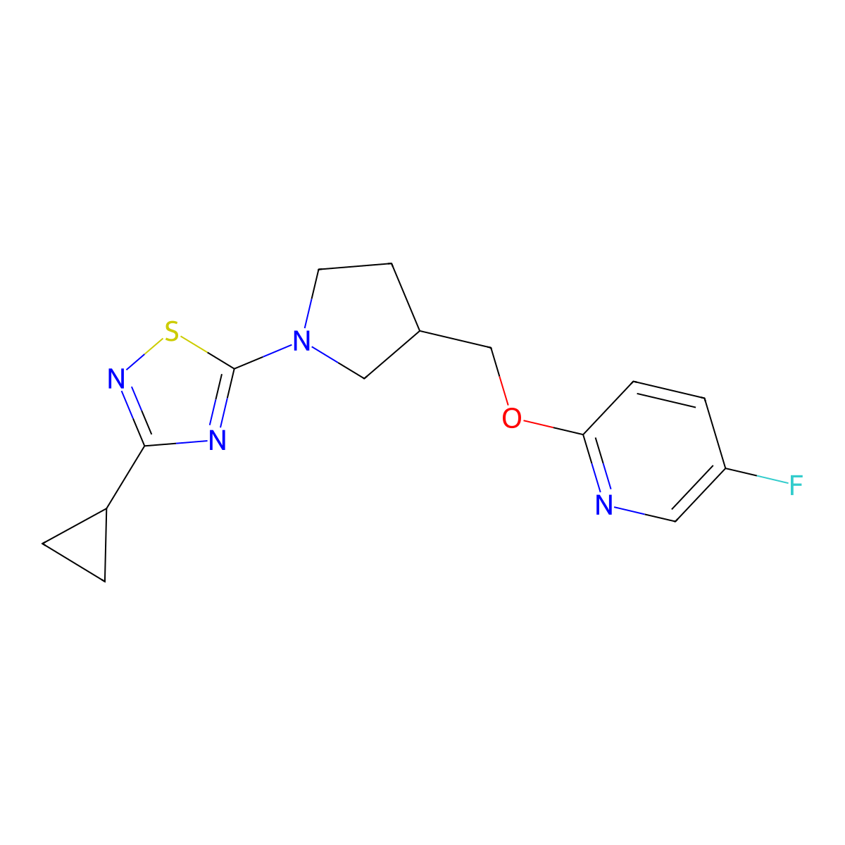 2-{[1-(3-Cyclopropyl-1,2,4-thiadiazol-5-yl)pyrrolidin-3-yl]methoxy}-5-fluoropyridine molecular structure, CAS 2549014-29-9