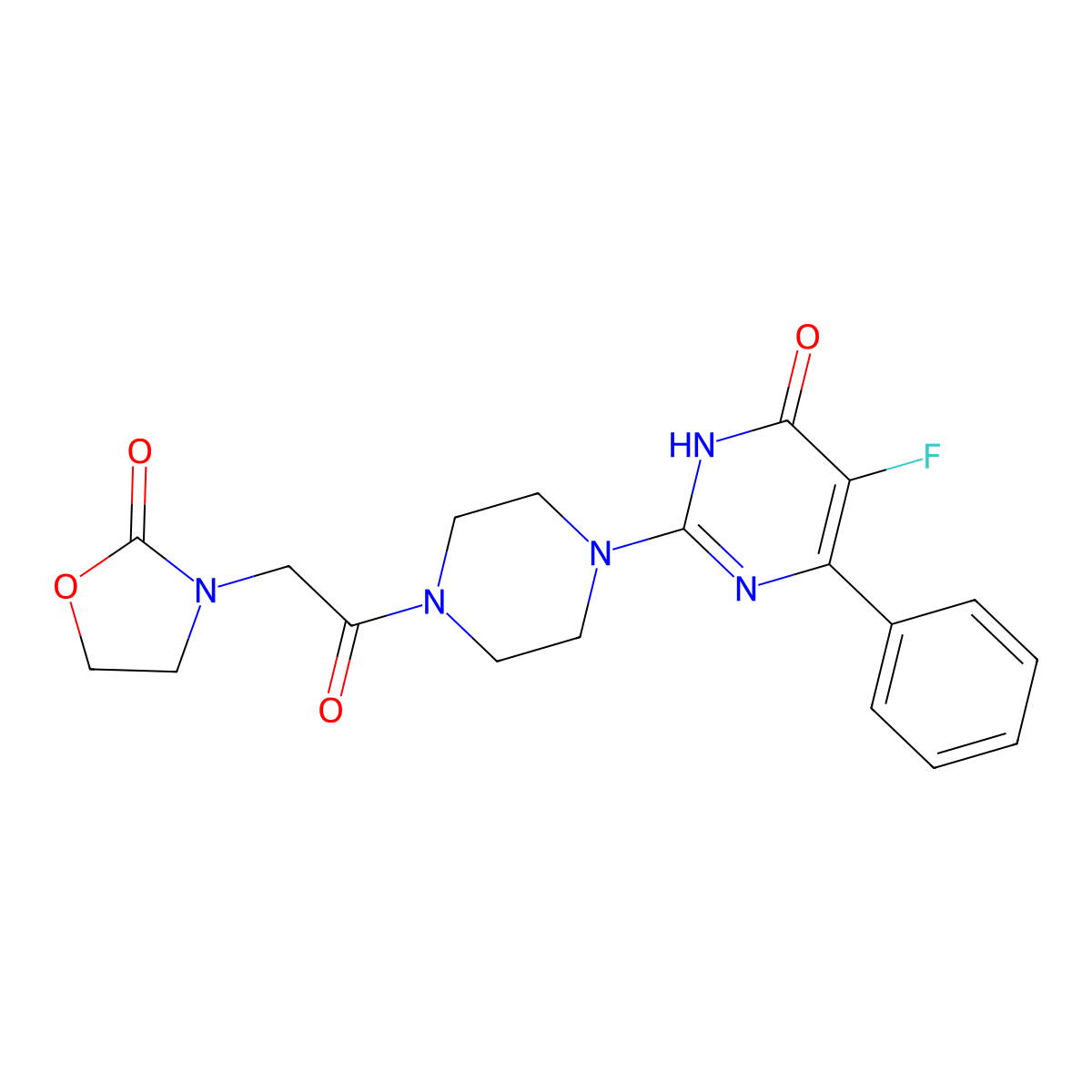 5-Fluoro-2-{4-[2-(2-oxo-1,3-oxazolidin-3-yl)acetyl]piperazin-1-yl}-6-phenyl-3,4-dihydropyrimidin-4-one molecular structure, CAS 2549014-40-4