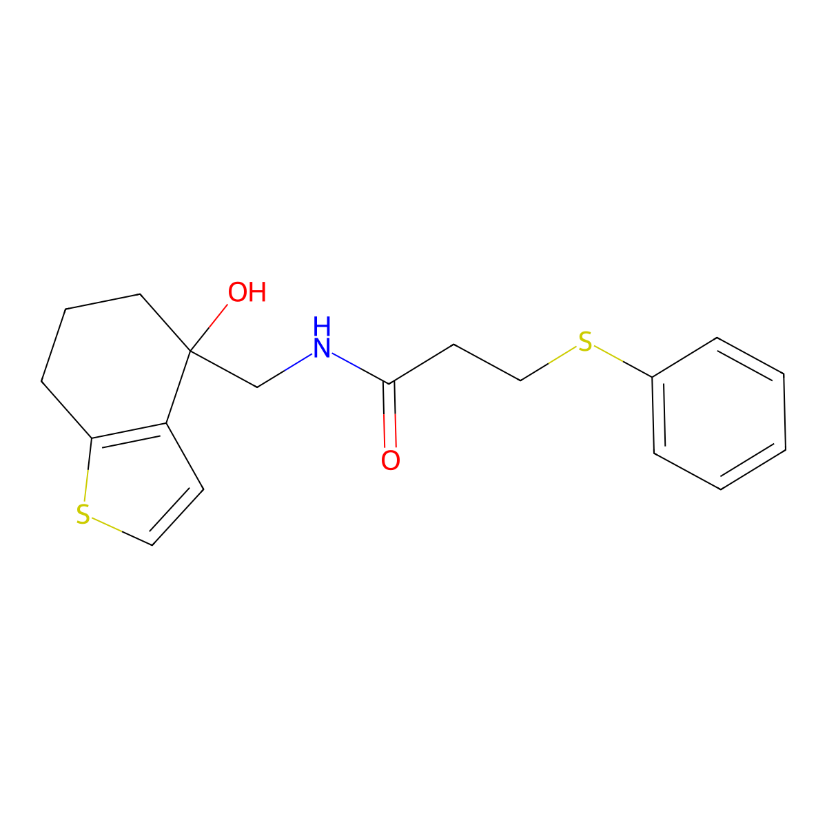 N-[(4-hydroxy-4,5,6,7-tetrahydro-1-benzothiophen-4-yl)methyl]-3-(phenylsulfanyl)propanamide molecular structure, CAS 2549014-42-6
