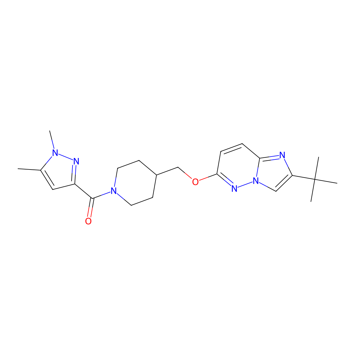 4-[({2-tert-butylimidazo[1,2-b]pyridazin-6-yl}oxy)methyl]-1-(1,5-dimethyl-1H-pyrazole-3-carbonyl)piperidine molecular structure, CAS 2549014-43-7