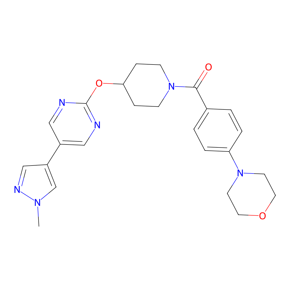 4-[4-(4-{[5-(1-methyl-1H-pyrazol-4-yl)pyrimidin-2-yl]oxy}piperidine-1-carbonyl)phenyl]morpholine molecular structure, CAS 2549014-45-9