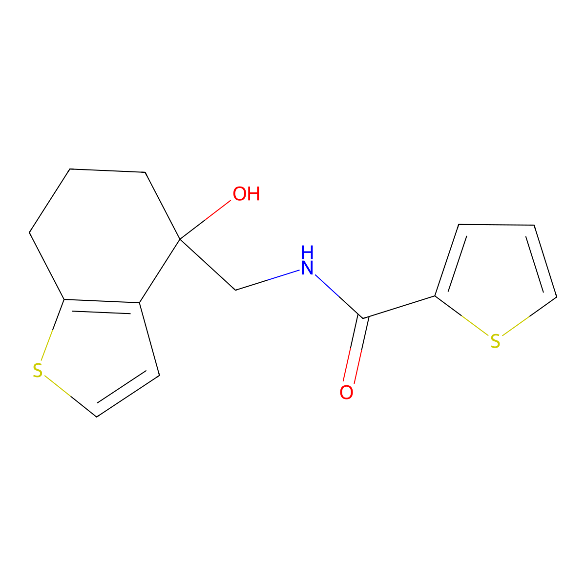 N-[(4-hydroxy-4,5,6,7-tetrahydro-1-benzothiophen-4-yl)methyl]thiophene-2-carboxamide molecular structure, CAS 2549014-50-6