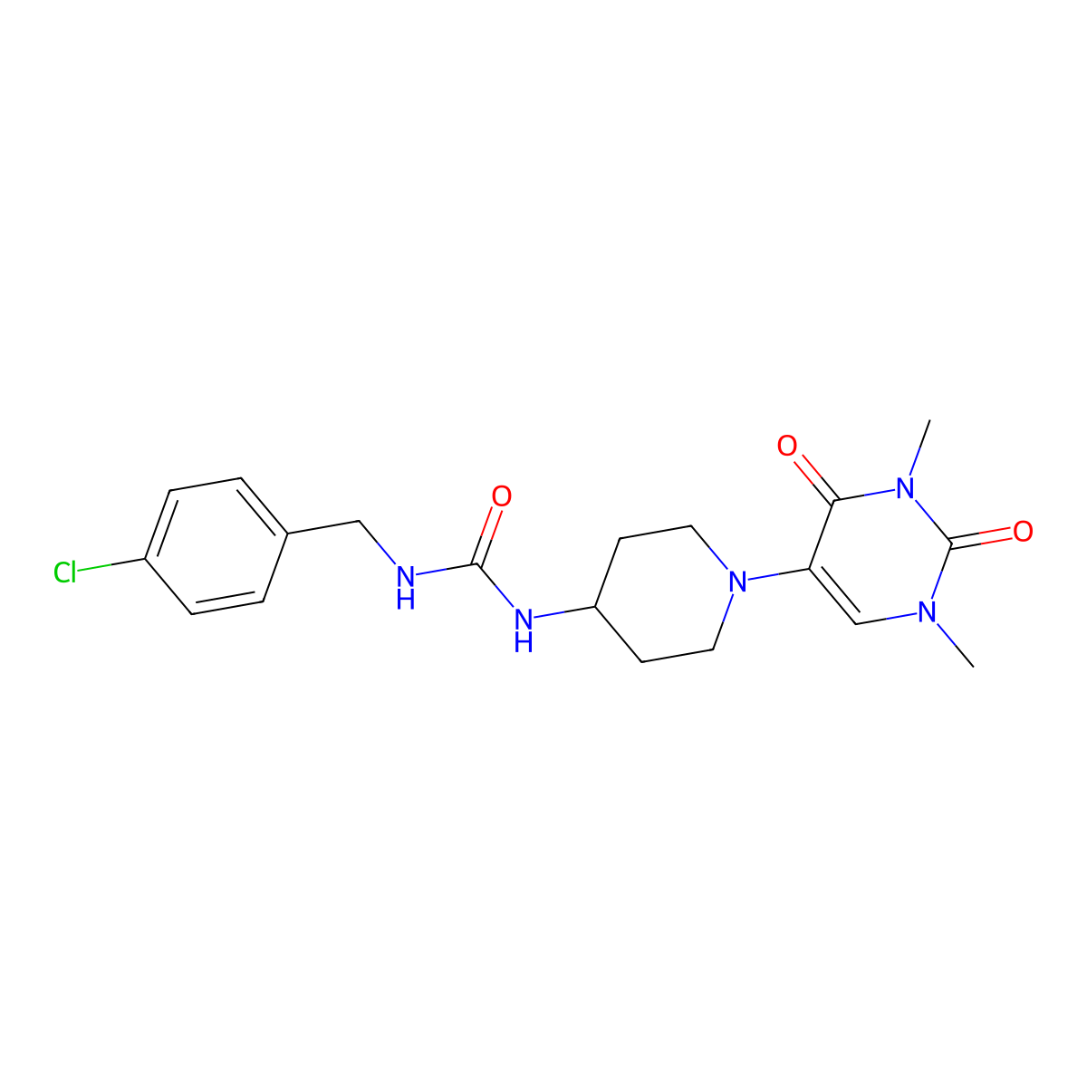 1-[(4-Chlorophenyl)methyl]-3-[1-(1,3-dimethyl-2,4-dioxo-1,2,3,4-tetrahydropyrimidin-5-yl)piperidin-4-yl]urea molecular structure, CAS 2549014-53-9